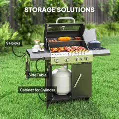 Outsunny 4+1 Burner Gas BBQ Grill with Clear View Lid, Portable Gas Barbecue Grill with Built-in Thermometer, Side Table, Cabinet, Wheels, Grease Tray for Garden Party Outdoor Cooking, Black - 7
