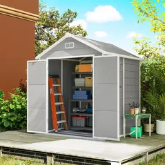 Outsunny 6 x 5ft Garden Shed, Plastic Shed with Floor, Window, Lockable Doors and Vents, Wood Effect Resin Tool Shed for Outdoor Patio, Dark Grey - 2
