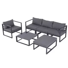 Outsunny 6 PCs Outdoor Indoor Sectional Sofa Set Thick Padded Cushions Aluminium Frame 5 Seaters 1 Coffee Table Footrest Grey - 1