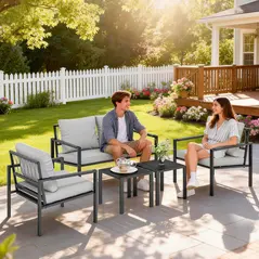 Outsunny 5 Piece Metal Garden Furniture Sofa Set with Thickened Cushions, Loveseat, 2 Armchairs, 2 Coffee Tables, Light Grey - 2