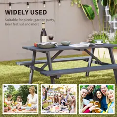 Outsunny 6 Seater Wooden Picnic Table Bench for Outdoor Garden or Patio with Parasol Cutout 150 cm Grey - 7