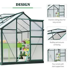Outsunny 6 x 8ft Polycarbonate Greenhouse, Large Walk-In Green House with Slide Door and Window, Garden Plants Grow House with Aluminium Frame and Foundation, Dark Green - 5