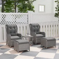 Outsunny 5 Pieces Rattan Bistro Set with Adjustable Back, Reclining Wicker Balcony Furniture with Cushions, Glass Top Coffee Table and Footstools, Outdoor Table and Chairs, Light Grey - 2