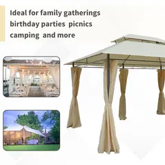 Outsunny 4m x 3(m)Garden Gazebo, Double Roof Outdoor Gazebo Canopy Shelter with Curtains, Solid Steel Frame for Lawn and Deck, Beige - 5