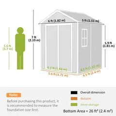 Outsunny 6 x 5ft Garden Shed, Plastic Shed with Floor, Window, Lockable Doors and Vents, Wood Effect Resin Tool Shed for Outdoor Patio, Light Grey - 3