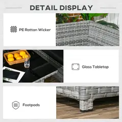 Outsunny 5-Piece Rattan Patio Furniture Set with Corner Sofa, Footstools, Glass Coffee Table, Cushions, Mixed Grey - 6