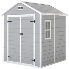 Outsunny 6 x 5ft Garden Shed, Plastic Shed with Floor, Window, Lockable Doors and Vents, Wood Effect Resin Tool Shed for Outdoor Patio, Light Grey - 1