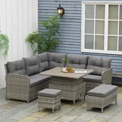 Outsunny 6 Pieces Outdoor PE Rattan Garden Furniture, Patio Wicker Sectional Conversation Corner Sofa w/ Soft Padded Cushion & Liftable Coffee Table, Grey - 2