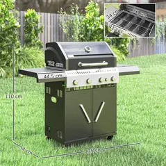 Outsunny 4+1 Burner Gas BBQ Grill with Clear View Lid, Portable Gas Barbecue Grill with Built-in Thermometer, Side Table, Cabinet, Wheels, Grease Tray for Garden Party Outdoor Cooking, Black - 3