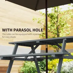 Outsunny 6 Seater Wooden Picnic Table Bench for Outdoor Garden or Patio with Parasol Cutout 150 cm Grey - 4