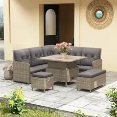 Outsunny 6 Pieces Outdoor PE Rattan Garden Furniture, Patio Wicker Sectional Conversation Corner Sofa w/ Soft Padded Cushion & Liftable Coffee Table, Light Grey - 2