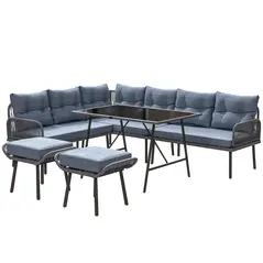 Outsunny 6 Piece Rattan Garden Furniture Set, 8 Seater Garden Corner Sofa with Cushions and Glass Top Table, Sectional Outdoor Furniture Conservatory Set for Patio, Charcoal Grey - 1