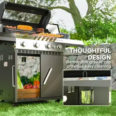 Outsunny 4+1 Burner Gas BBQ Grill with Clear View Lid, Portable Gas Barbecue Grill with Built-in Thermometer, Side Table, Cabinet, Wheels, Grease Tray for Garden Party Outdoor Cooking, Black - 9