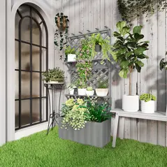 Outsunny 52L Wooden Planter, with Trellis and Shelves - Grey - 2