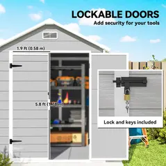 Outsunny 6 x 5ft Garden Shed, Plastic Shed with Floor, Window, Lockable Doors and Vents, Wood Effect Resin Tool Shed for Outdoor Patio, Light Grey - 8