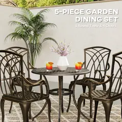 Outsunny 5 Pieces Garden Dining Set for 4, Cast Aluminium Outdoor Dining Set with 4 Armchairs and Round Dining Table with Parasol Hole, Garden Furniture Set, Bronze Tone - 4