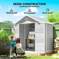 Outsunny 6 x 5ft Garden Shed, Plastic Shed with Floor, Window, Lockable Doors and Vents, Wood Effect Resin Tool Shed for Outdoor Patio, Light Grey - 5