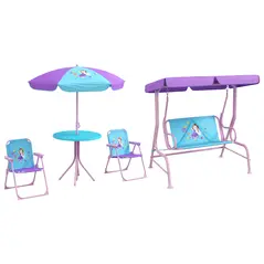 Outsunny 4PCs Kids Garden Furniture Set w/ 2 Seater Garden Swing Chair with Adjustable Canopy, Childrens Table and Chair Set with Parasol, for Toddler Girls 3-6 Years Old - 1
