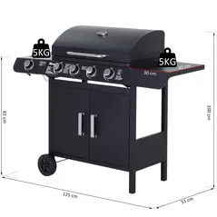 Outsunny 4+1 Burner Gas BBQ Grill, Outdoor Barbecue Trolley with Wheels, Warming Rack, Side Shelves, Cabinet, Thermometer for Garden, Party, Camping, 125 L x 51 W x 100 H cm, Black - 3