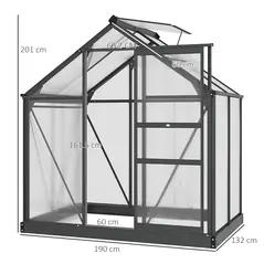 Outsunny 6 x 4ft Polycarbonate Greenhouse, Large Walk-In Green House with Slide Door and Window, Garden Plants Grow House with Aluminium Frame and Foundation, Grey - 3