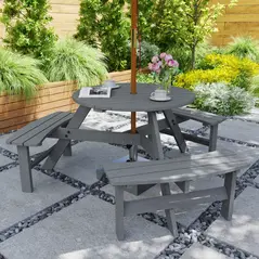 Outsunny 6 Seater Wooden Picnic Table and Garden Benches Set, Round Garden Dining Set with 3 Benches and Umbrella Hole Outdoor Garden Park, Grey - 2