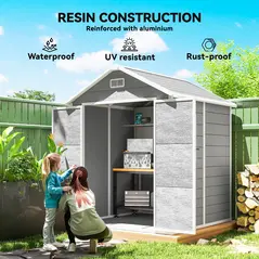 Outsunny 6 x 5ft Garden Shed, Plastic Shed with Floor, Window, Lockable Doors and Vents, Wood Effect Resin Tool Shed for Outdoor Patio, Dark Grey - 5