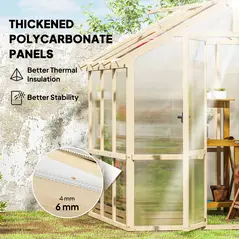 Outsunny 6.6 x 6ft Polycarbonate Greenhouse, Walk-in Wooden Greenhouse with Lockable Door and Window, Garden Plants Grow House, Brown - 4