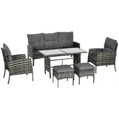 Outsunny 5 Seater Rattan Garden Furniture Set, 2 Armchairs, 3-Seater Wicker Sofa, 2 Footstools and Glass Table, 6 Piece Patio Rattan furniture Sofa Sets with Cushions for Conservatory, Mixed Grey - 1