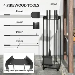 Outsunny 5 Pieces Fireplace Companion Set, Metal Fireplace Accessories Fireside Companion Set with Brush, Shovel, Poker, A Pair of Tongs, Stand, Black - 4