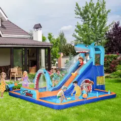 Outsunny 6 in 1 Shark-Themed Bouncy Castle, Inflatable Water Park, with Slide, Pool, Trampoline, Blower, for Ages 3-8 Years - 2