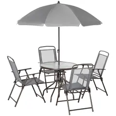 Outsunny 6 Piece Garden Dining Set with Umbrella, Outdoor Dining Sets with Parasol, 4 Folding Dining Chairs & Round Tempered Glass Table, Grey - 1