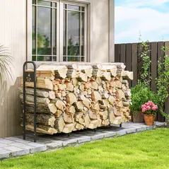 Outsunny 6.5 FT Steel Firewood Log Rack with 300 kg Capacity, Heavy Duty Indoor Outdoor Fireplace Wood Storage Shelf, Log Holder/Stand with Extra Support Legs, Decorative Bonfire Pattern, Black - 2