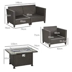 Outsunny 5-Piece Rattan Patio Furniture Set with Gas Fire Pit Table, Loveseat Sofa, Armchairs, Cushions, Pillows, Dark Brown - 3