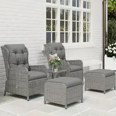 Outsunny 5 Pieces Rattan Bistro Set with Adjustable Back, Reclining Wicker Balcony Furniture with Cushions, Glass Top Coffee Table and Footstools, Outdoor Table and Chairs, Light Grey - 8