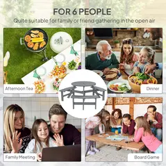 Outsunny 6 Seater Wooden Picnic Table and Garden Benches Set, Round Garden Dining Set with 3 Benches and Umbrella Hole Outdoor Garden Park, Grey - 7