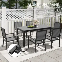 Outsunny 6 Seater Garden Dining Set with Stackable Chairs, Aluminium Frame, Rectangular Plastic Top, Garden Furniture Set, Outdoor Dining Table and Chairs for Patio, Balcony, Poolside, Grey - 4