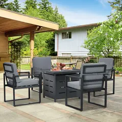 Outsunny 5-Piece Aluminium Garden Furniture Sets, 4 Seater Outdoor Conversational Dining Set with Gas Fire Pit Table Cushions for Yard, Poolside, Patio, Grey - 2