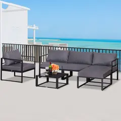 Outsunny 6 PCs Outdoor Indoor Sectional Sofa Set Thick Padded Cushions Aluminium Frame 5 Seaters 1 Coffee Table Footrest Grey - 2
