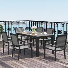 Outsunny 6 Seater Garden Dining Set with Stackable Chairs, Aluminium Frame, Rectangular Plastic Top, Garden Furniture Set, Outdoor Dining Table and Chairs for Patio, Balcony, Poolside, Grey - 2