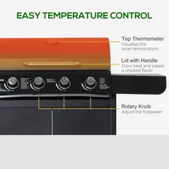 Outsunny 4+1 Burner Gas BBQ Grill, Outdoor Barbecue Trolley with Wheels, Warming Rack, Side Shelves, Cabinet, Thermometer for Garden, Party, Camping, 125 L x 51 W x 100 H cm, Black - 5