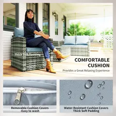 Outsunny 6 Pieces Rattan Garden Furniture Set, 7 Seater Wicker Outdoor Furniture Set with Storage Tea Table & Side Table, Sectional Garden Sofa Set with Cushions, Grey - 5