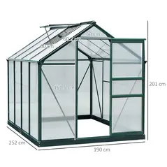 Outsunny 6 x 8ft Polycarbonate Greenhouse, Large Walk-In Green House with Slide Door and Window, Garden Plants Grow House with Aluminium Frame and Foundation, Dark Green - 3