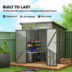 Outsunny 6 x 6ft Outdoor Storage Shed, Plastic Garden Shed with Windows and Air Vents, Outdoor Resin Tool Shed with Latch Doors for Garden, Deck, Light Grey - 5