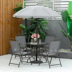 Outsunny 6 Piece Garden Dining Set with Umbrella, Outdoor Dining Sets with Parasol, 4 Folding Dining Chairs & Round Tempered Glass Table, Grey - 2