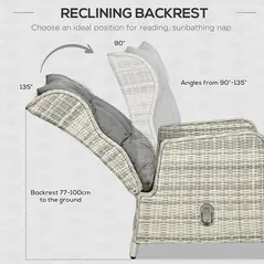 Outsunny 5 Pieces Rattan Bistro Set with Adjustable Back, Reclining Wicker Balcony Furniture with Cushions, Glass Top Coffee Table and Footstools, Outdoor Table and Chairs, Grey - 6