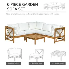 Outsunny 6 PCS Elegant Wood Frame Outdoor Patio Dining Set w/ Cushions Coffee Table Garden Furniture Sofa Comfort Balcony Patio Cream White - 4
