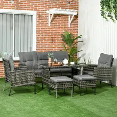 Outsunny 5 Seater Rattan Garden Furniture Set, 2 Armchairs, 3-Seater Wicker Sofa, 2 Footstools and Glass Table, 6 Piece Patio Rattan furniture Sofa Sets with Cushions for Conservatory, Mixed Grey - 2