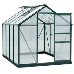 Outsunny 6 x 8ft Polycarbonate Greenhouse, Large Walk-In Green House with Slide Door and Window, Garden Plants Grow House with Aluminium Frame and Foundation, Dark Green - 1