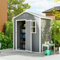 Outsunny 6 x 4ft Garden Shed, Plastic Shed with Floor, Window, Lockable Door and Vents, Wood Effect Resin Tool Shed for Outdoor, Grey - 2