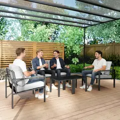 Outsunny 5 Piece Metal Garden Furniture Sofa Set with Thickened Cushions, Loveseat, 2 Armchairs, 2 Coffee Tables, Light Grey - 9